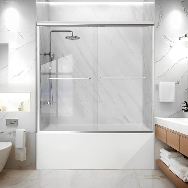 55-60 in. W x 60 in. H Sliding Semi-Frameless Tub Door in Chrome with Clear Glass