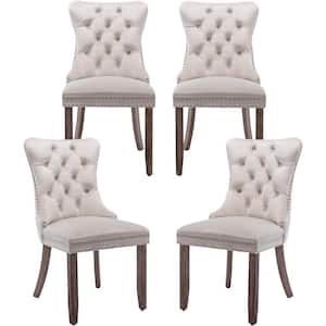 Modern Beige Velvet Dining Chairs Set of 4, Tufted Upholstered Wing Back Chairs with Back Ring Pull, Nailhead Trim