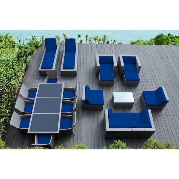 Gray 20-Piece Wicker Patio Combo Conversation Set with Sunbrella Pacific Blue Cushions