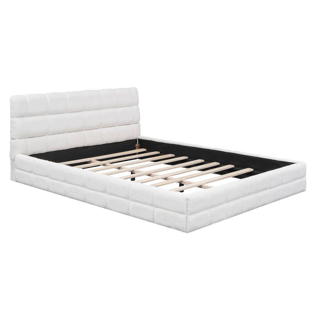 White Wood Frame Queen Size Upholstered Platform Bed