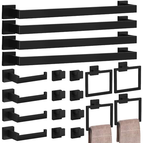 20-Piece Matte Black 23.6 in Wall Mounted Bathroom Accessories Set SUS304 Stainless Steel Towel Bar Kit