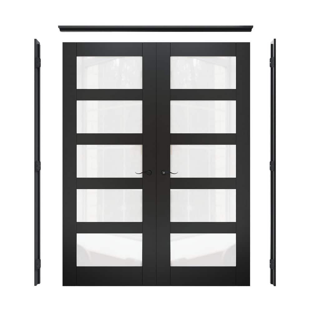 64 in. x 80 in. Universal 5-Lite Frosted Glass Black Solid Core Glass Double Prehung French Door+ Quick Assemble Jamb price history on PriceWatchPro