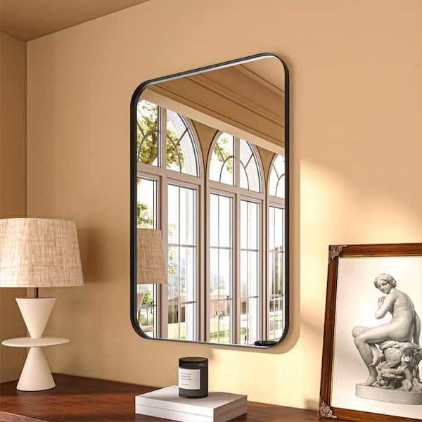 ORGANNICE 24 in. W x 36 in. H Rectangular Aluminum Framed Modern Black Rounded Wall Mirror