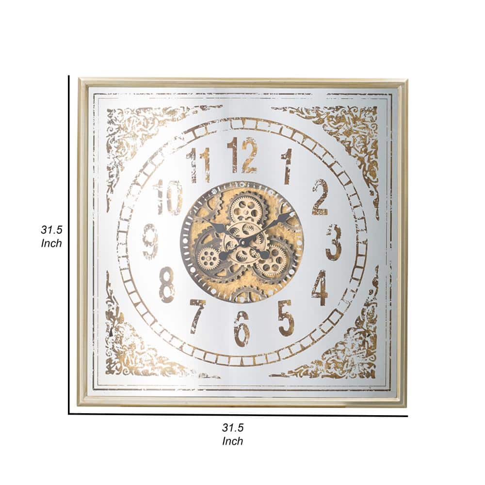 Square White and Brown Iron Wall Clock with Decorative Gears