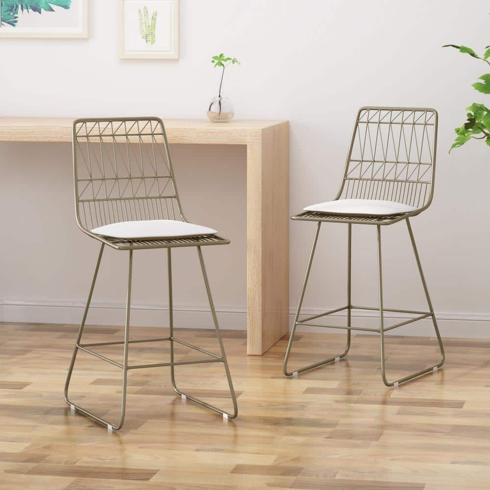 Set of 2 Light Brass Iron Counter Stools with Ivory Cushions