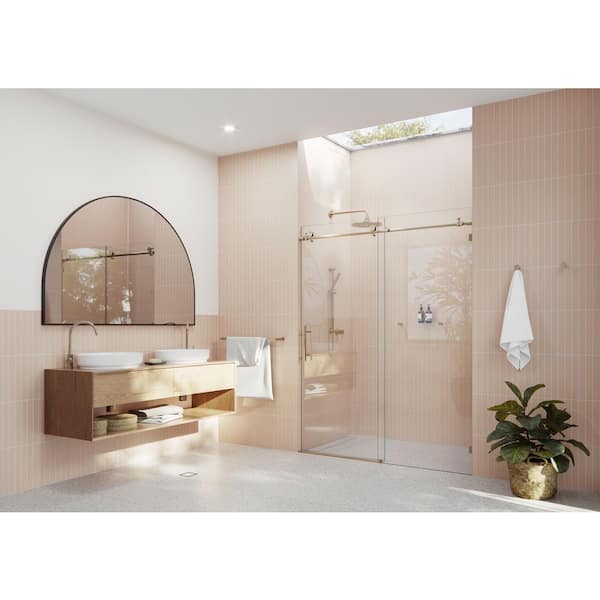Eclipse 60 in. to 64 in. W x 78 in. H Sliding Frameless Shower Door in Brushed Bronze with Handle