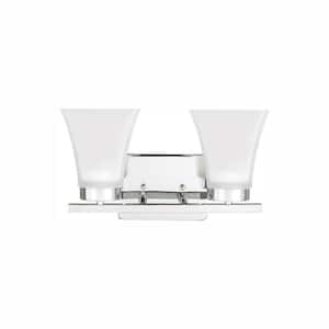 Bayfield 13.25 in. 2-Light Chrome Contemporary Wall Bathroom Vanity Light with Satin Etched Glass Shades and LED Bulbs