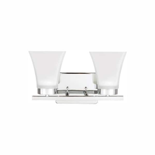 Generation Lighting Bayfield 13.25 in. 2-Light Chrome Contemporary Wall Bathroom Vanity Light with Satin Etched Glass Shades and LED Bulbs