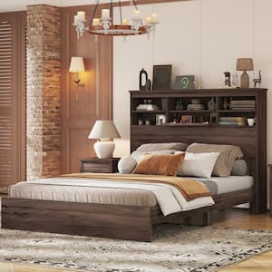 American Country Style Dark Walnut Brown Wood Frame Queen Size Platform Bed with Storage Headboard, USB Charging