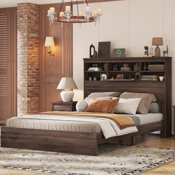 Harper & Bright Designs American Country Style Dark Walnut Brown Wood Frame Queen Size Platform Bed with Storage Headboard, USB Charging
