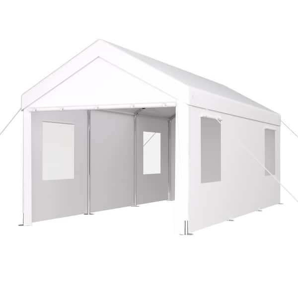 12 ft. x 20 ft. White Portable Garage, Heavy Duty Car Port Canopy with 2-Roll-Up Doors and 4-Ventilated Windows