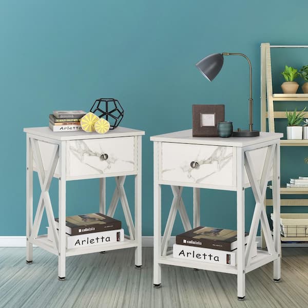 VECELO Nightstands X-Design Side End Table Night Stand Storage Shelf with Drawer 11.8Wx 15.8L x 21.7H, White，2 PCS