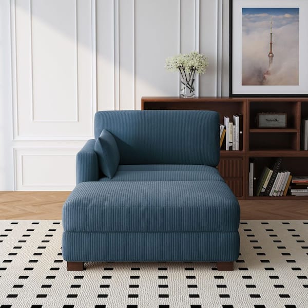 Uixe Modern Left Arm Facing Navy Blue Corduroy Polyester Upholstered Sectional Chaise Lounge with Ottoman