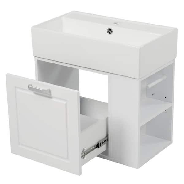 21.8 in. W Floating White Bath Vanity with White Ceramic Top, Drawer, Adjustable Shelf, Paper Holder, Unassembled
