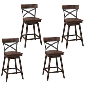 24 in. Brown Set of 4 Metal Wooden Swivel Bar Stools Counter Height Kitchen Chairs with Back