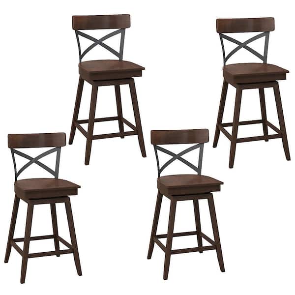 Gymax 24 in. Brown Set of 4 Metal Wooden Swivel Bar Stools Counter Height Kitchen Chairs with Back
