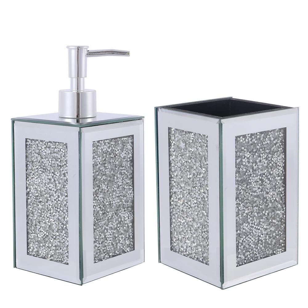 2-Piece Exquisite 3-Square Soap Dispenser in Silver and Toothbrush Holder w