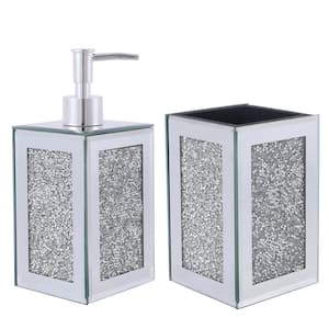 2-Piece Exquisite 3-Square Soap Dispenser in Silver and Toothbrush Holder with Tray
