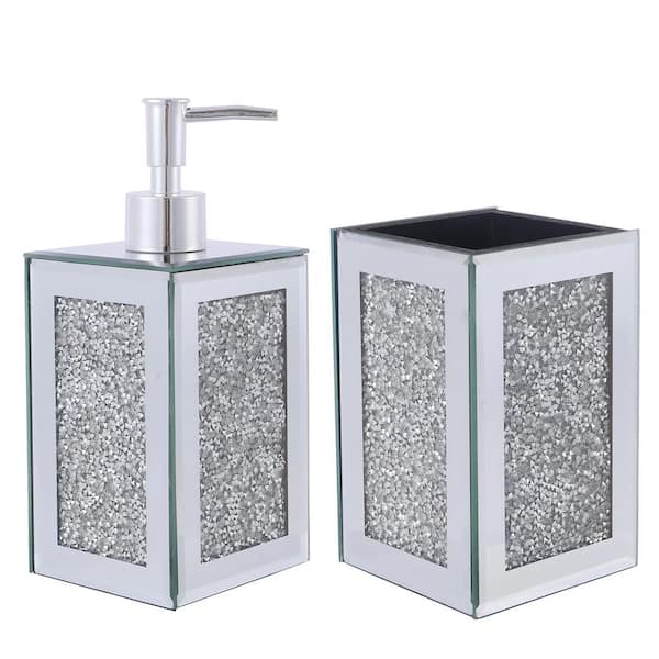 Unbranded 2-Piece Exquisite 3-Square Soap Dispenser in Silver and Toothbrush Holder with Tray