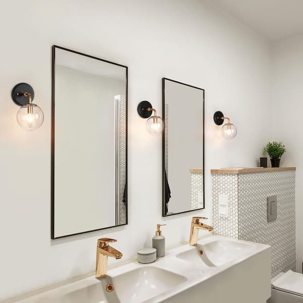 Modern 5.5 in. 1-Light Vintage Gold Wall Sconce with Matte Black Accents and Seeded Glass Globe Shade