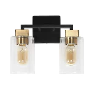 12 in. 2-Light Brass Vanity Light for Bathrooms, Clear Glass Black Bath Lighting, Modern Farmhouse Indoor Wall Sconce