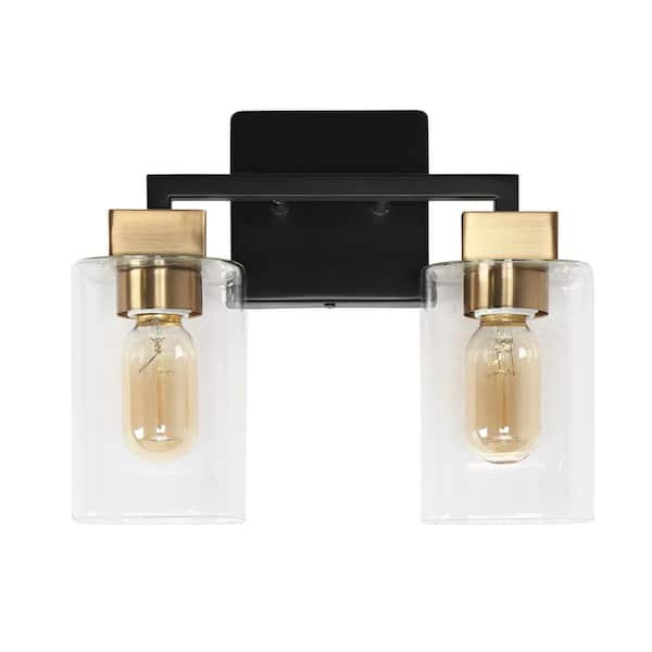 Zevni 12 in. 2-Light Brass Vanity Light for Bathrooms, Clear Glass Black Bath Lighting, Modern Farmhouse Indoor Wall Sconce