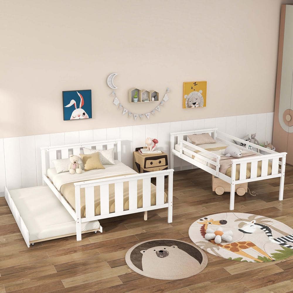 White Twin Over Full Bunk Bed with Trundle Ladder Safety Guardrails 3-in-1 Beds