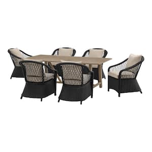 Rosebrook 7-Piece Wicker Outdoor Dining Set with CushionGuard Plus Flax Cushions