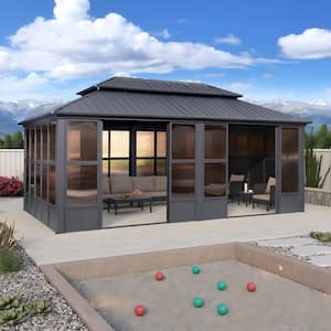 12 ft. x 20 ft. Gray Sunroom Hardtop Gazebo Solarium Galvanized Double Roof All-Weather Aluminum Outdoor Screen House