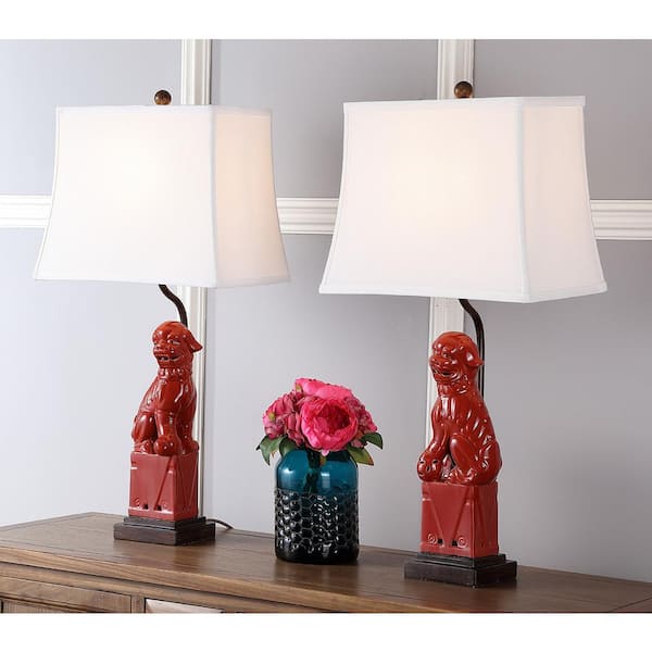 SAFAVIEH Foo 28 in. Red Dog Table Lamp with White Shade (Set of 2)