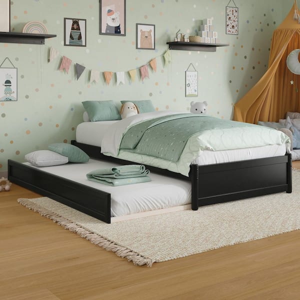 Barcelona Black Solid Wood Frame Twin Panel Platform Bed with Twin Trundle