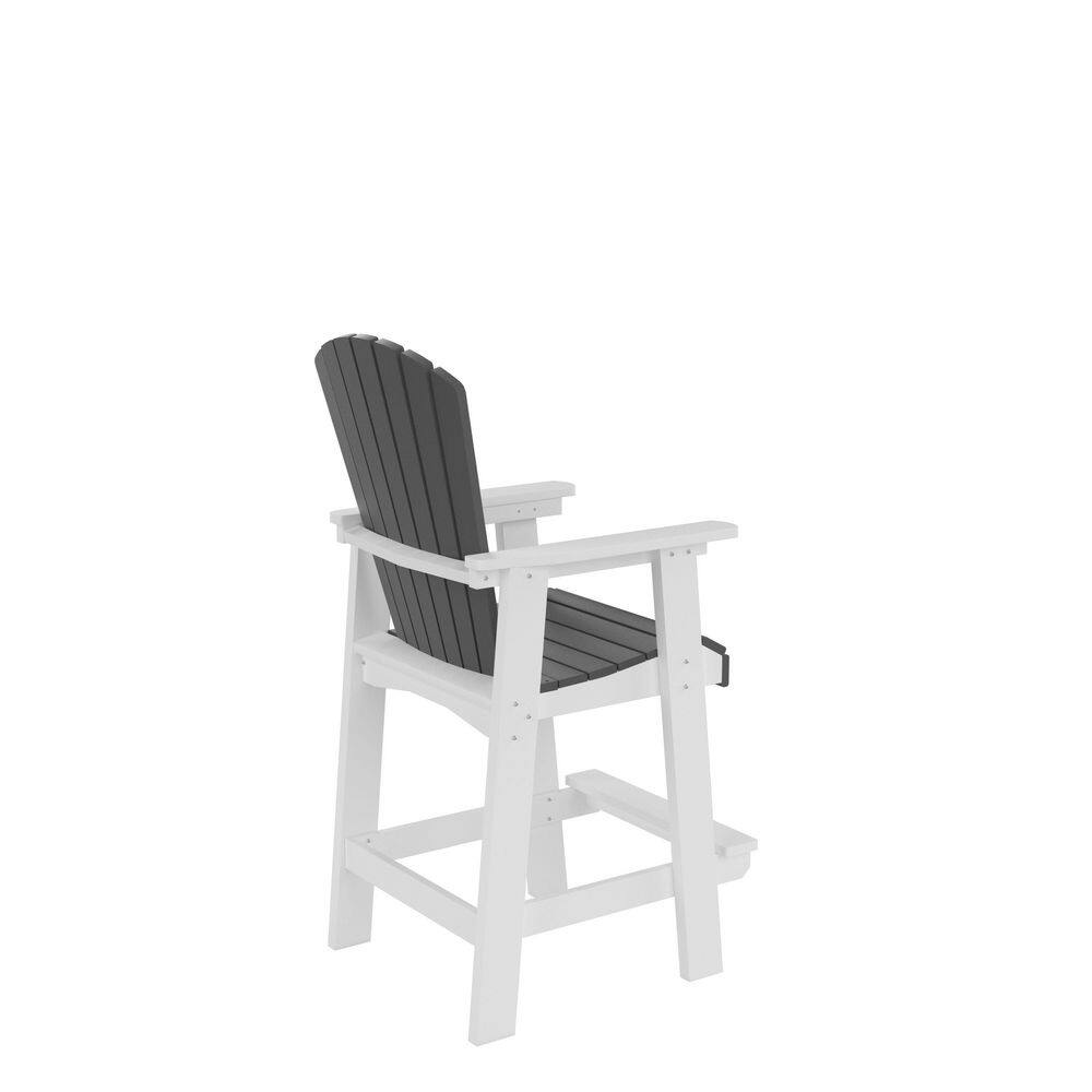 Three-quarter view of a white and gray HDPE plastic outdoor bar stool.