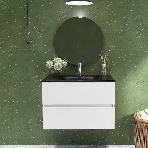 Unbranded Emily 30 in. W x 20 in. D x 20 in. H Single Sink Bath Vanity in White with Black Solid Surface Top