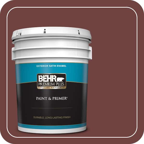 BEHR PREMIUM PLUS 5 gal. #ICC-82 Library Red Satin Enamel Exterior Paint & Primer