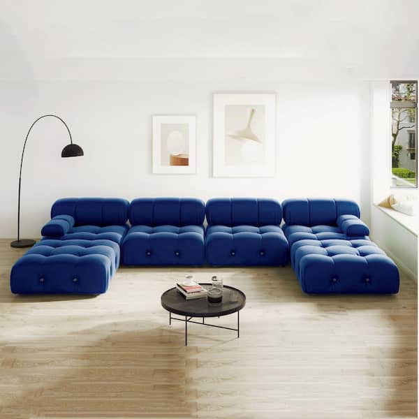 Magic Home 139 in. Square Arm 6-Seater Velvet Convertible U-Shaped Modular Sectional Sofa with Ottomans in Blue