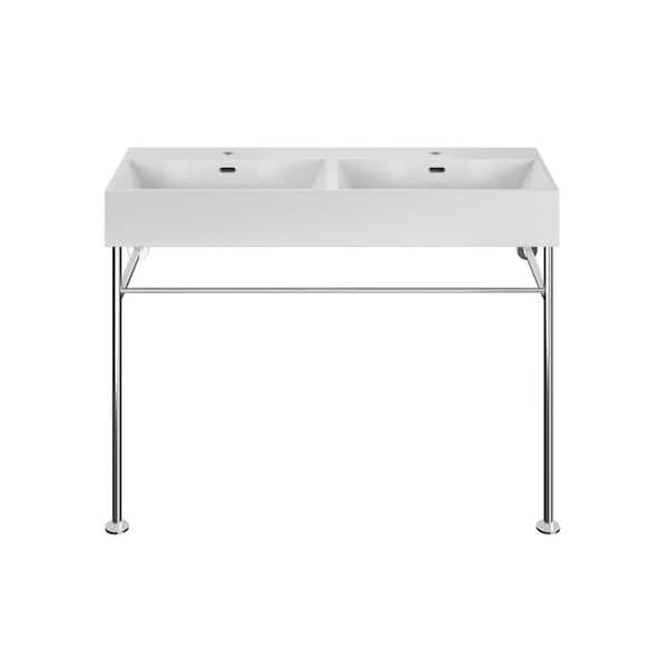 Swiss Madison Claire 48 in. Ceramic Double Basin White Console Sink with Polished Chrome Legs