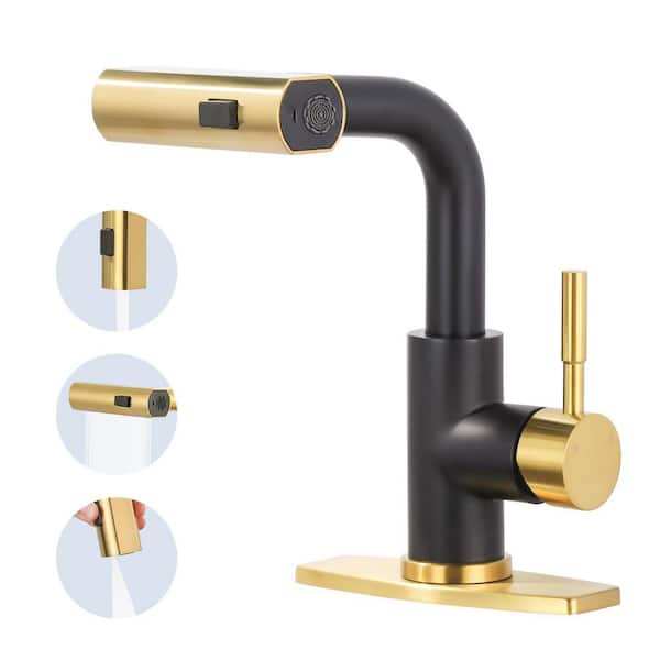 Modern Single Handle Bar Faucet Deckplate Included with Pull-Out Sprayer in Gold and Black
