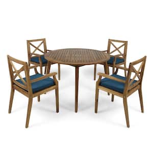 Pines Teak Brown 5-Piece Wood Outdoor Dining Set with Blue Cushions