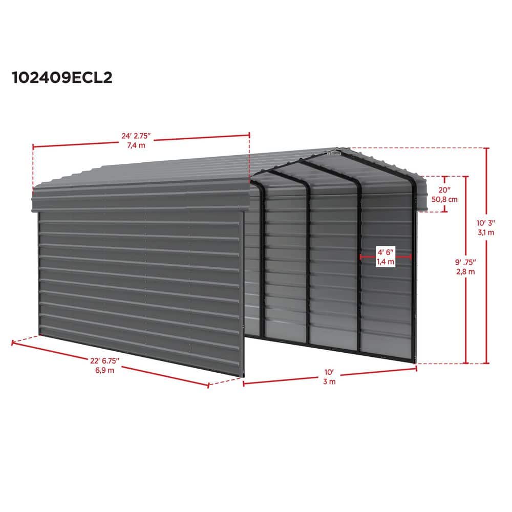 Charcoal 10' x 24' Steel Carport Kit with Enclosure