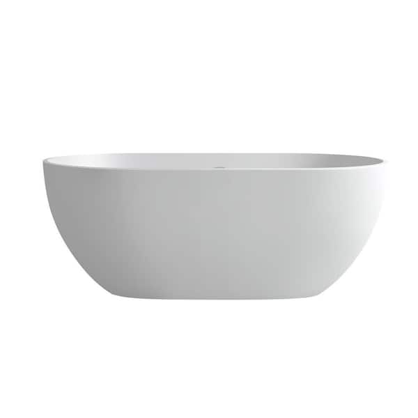 59.10 in. x 29.50 in. Flat Bottom Solid Surface Freestanding Soaking Bathtub with Center Drain in Matte White