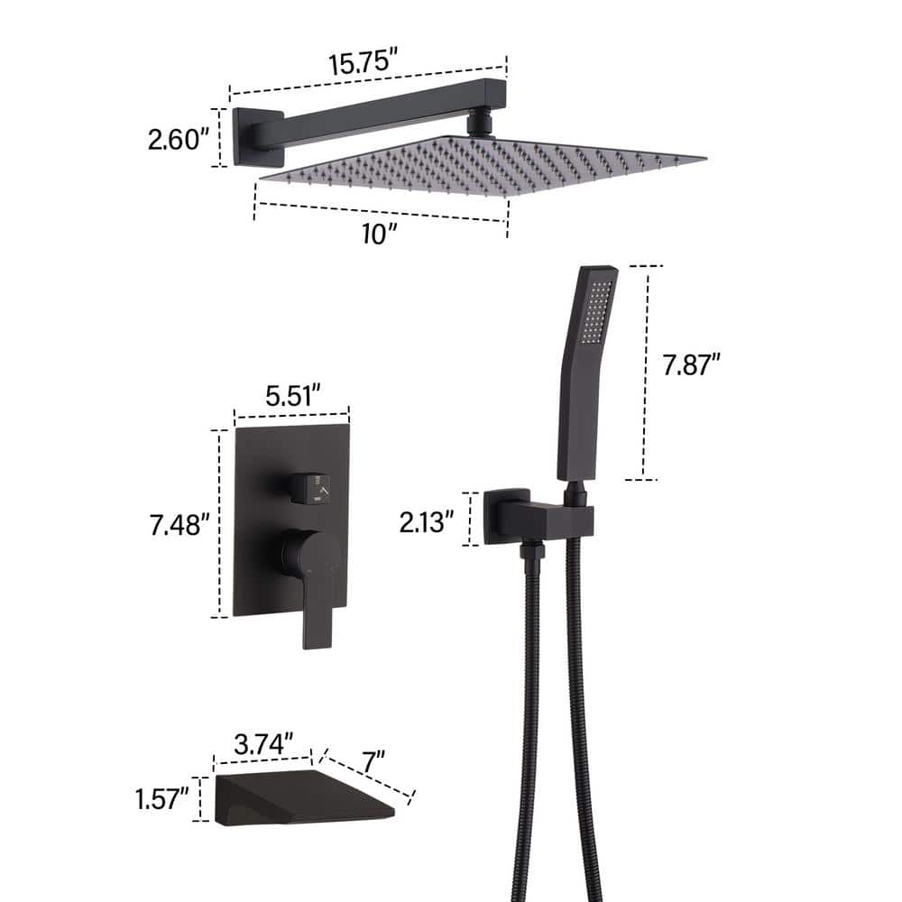 Large Matte Black Stainless Steel Square Wall Mounted Shower System