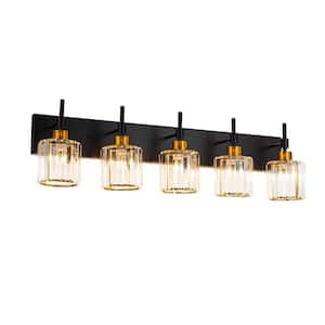 33.1 in. 5 Lights Black Gold Dimmable Modern Bathroom Vanity Light with Crystal Shades