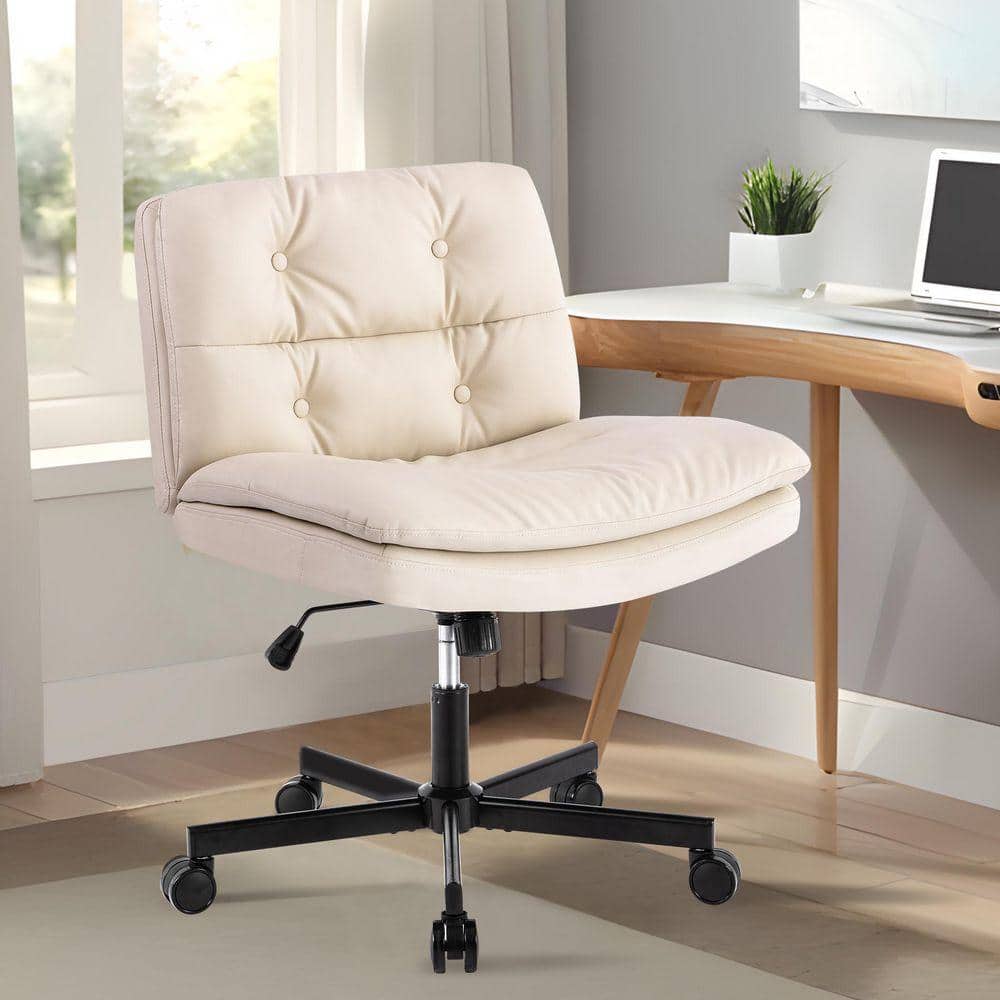 Leather Larger Size 360° Swivel Home Office Desk Task Chair with Wheels in Beige