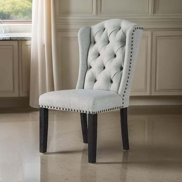 Benjara Gray Fabric Side Chair with Wooden Legs (Set of 2)