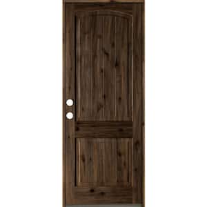 30 in. x 96 in. Rustic Knotty Alder 2 Panel Arch Top V-Groove Right-Hand/Inswing Black Stain Wood Prehung Front Door