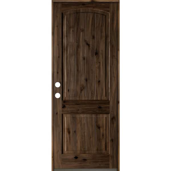 Krosswood Doors 30 in. x 96 in. Rustic Knotty Alder 2 Panel Arch Top V-Groove Right-Hand/Inswing Black Stain Wood Prehung Front Door