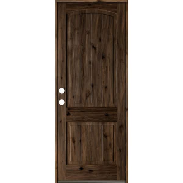 36 in. x 96 in. Rustic Knotty Alder 2 Panel Arch Top V-Groove Right-Hand/Inswing Black Stain Wood Prehung Front Door