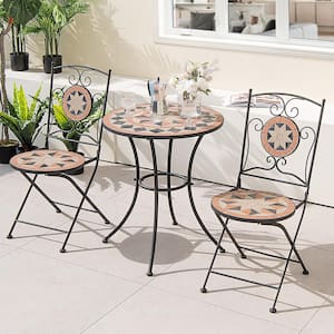 3-Pieces Ceramic Metal Patio Bistro Set Outdoor Patio Conversation Furniture Folding Dining Garden