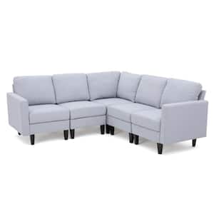 5-Piece Light Gray Polyester 4-Seater L-Shaped Sectional Sofa with Wood Legs