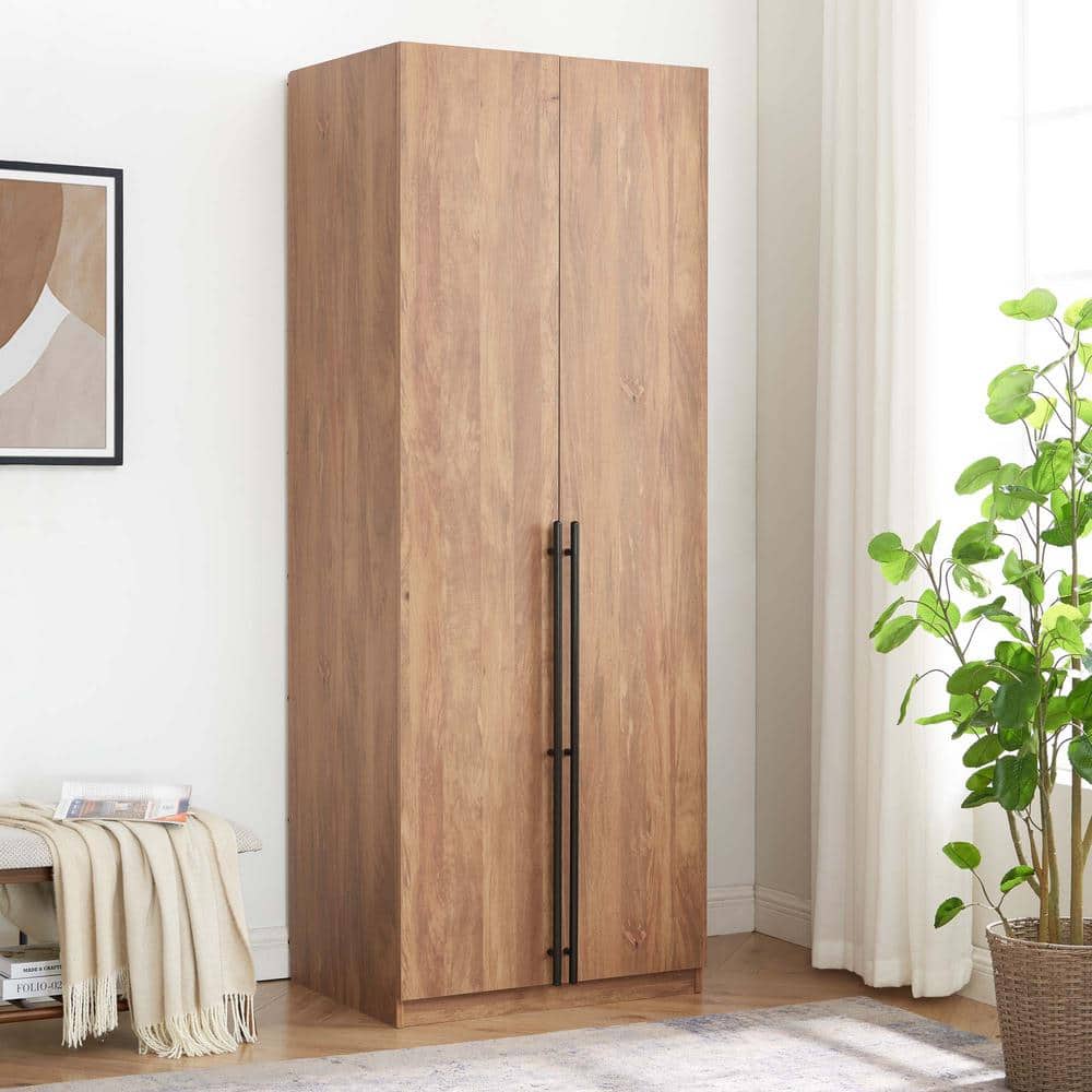 Golden Brown Tall Freestanding Wardrobe with Black Metal Handles